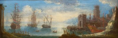 peinture représentant une peinture d'une scène portuaire avec des bateaux sur l'eau