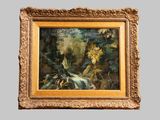 an oil painting of a waterfall in a wooded setting
