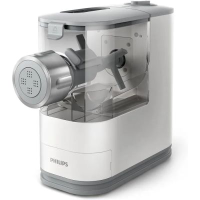 a white and gray blender sitting on a white surface