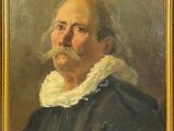an oil painting of a man with a mustache in a black coat