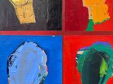 four different colored paintings of a man ' s head and a woman ' s head