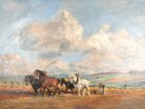 une peinture à l'huile représentant des chevaux tirant une charrue à travers un champ