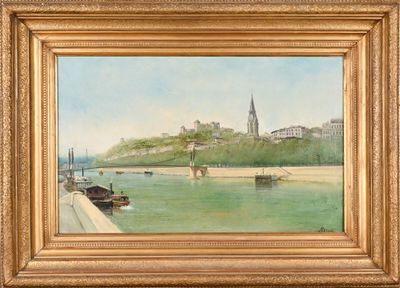an oil painting of a view of a city with boats in the water