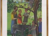 painting of a family gathering under a tree in a park
