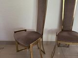 pair of gold metal chairs with brown upholstered upholstered upholstered upholstered upholstered upholstered upholstered