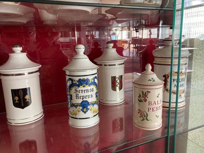 une vitrine en verre sur laquelle sont exposés de nombreux types de bocaux différents