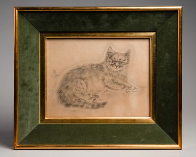 drawing of a cat in a green frame on a gray background