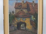 an oil painting of a yellow house with a red roof