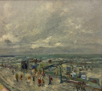 a painting of people walking on a boardwalk by the water