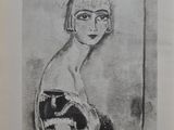 a black and white drawing of a woman with glasses