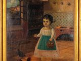 tableau représentant une jeune fille en robe verte tenant un panier de fleurs