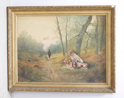 tableau représentant deux chiens et un homme dans un décor boisé