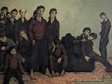 a painting of a group of people sitting on a brick floor