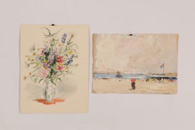 two paintings of flowers in a vase on the wall