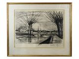 a black and white drawing of trees in a field
