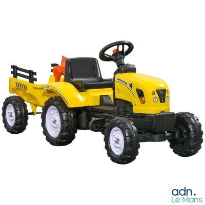 a yellow toy tractor that is sitting on a white background