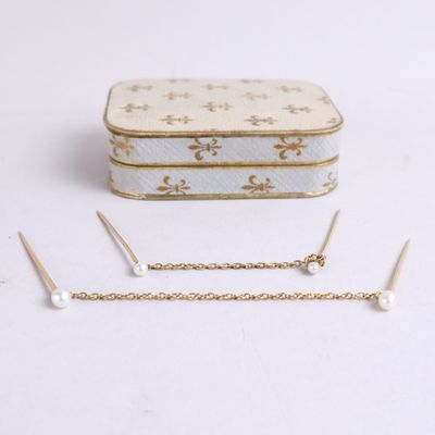 gold chain and pearl earrings with a white box on a white background