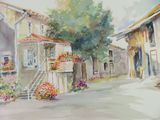 a watercolor painting of a street in a village