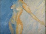 an oil painting of a nude woman standing in the rain