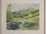 a picture of a painting of a landscape with a castle in the background