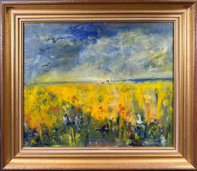 une peinture à l'huile représentant un champ de fleurs jaunes avec un oiseau dans le ciel