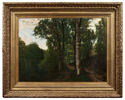 un tableau représentant un paysage boisé avec des arbres et un sentier