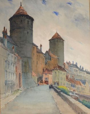 an image of a painting of a city street with a castle in the background