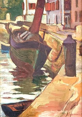 a painting of a boat in the water next to a building