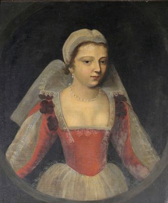 un tableau représentant une femme en robe rouge et blanche