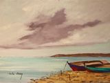 a painting of a boat on the beach by the water