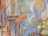 a painting of a man sitting in a chair
