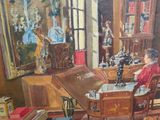 a painting of a woman sitting at a desk in a room