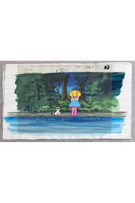 a painting of a woman and a dog by the water