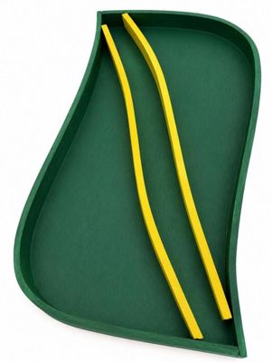 a green tray with two yellow pencils in it and a green tray with two yellow pencils in it