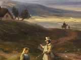 painting of a couple of people and a dog on a dirt road