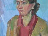 une peinture à l'huile représentant une femme vêtue d'un t-shirt rouge et d'une veste jaune