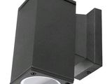 an image of a black wall light with a white light on it