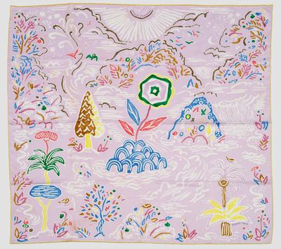 une image représentant une écharpe rose ornée de motifs colorés