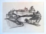 dessin au crayon représentant un château avec un pont et un cheval au premier plan