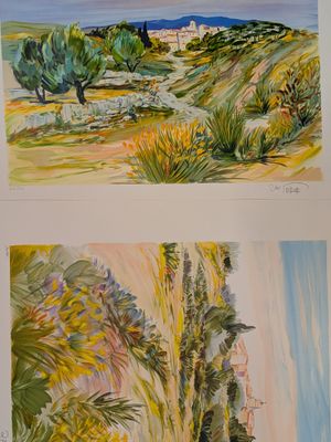 two paintings of a landscape with trees and bushes in the foreground