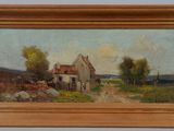 an oil painting of a farm scene with a house and trees in the background