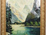 an oil painting of a mountain scene with a lake and pine trees