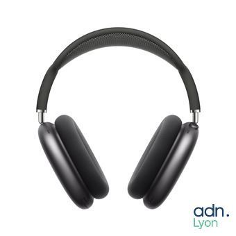 un casque audio sur fond blanc avec le logo adn