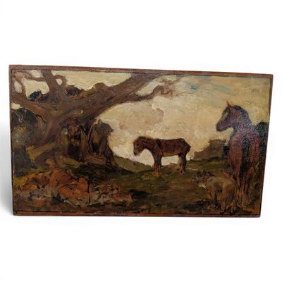 a painting of a horse and a cow in a field