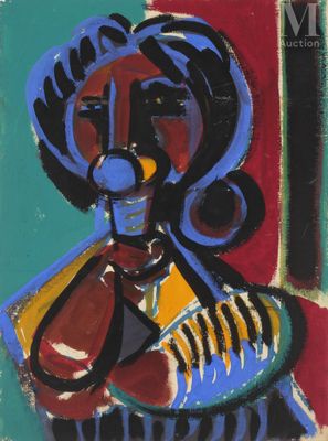 une peinture représentant une femme avec un chapeau bleu et une robe jaune