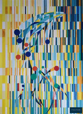 tableau représentant une peinture abstraite colorée d'un oiseau sur un fond jaune et bleu
