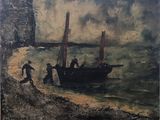 une peinture représentant un bateau dans l'eau avec des personnes à bord