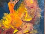 an oil painting of a woman in a yellow dress with flowers on her head