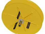 a close up of a yellow wheel with two screws on it