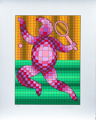 dessin aux couleurs vives représentant un homme tenant une raquette de tennis à la main